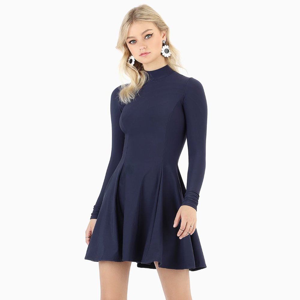 BlackMilk Warm Navy Long Sleeve Evil Mini Skater Dress S